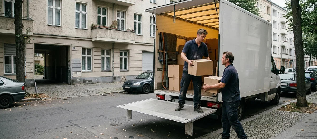 Beladung eines weißen Möbelkoffers über die Ladebordwand an einer Berliner Straße, zwei Träger reichen Kartons an
