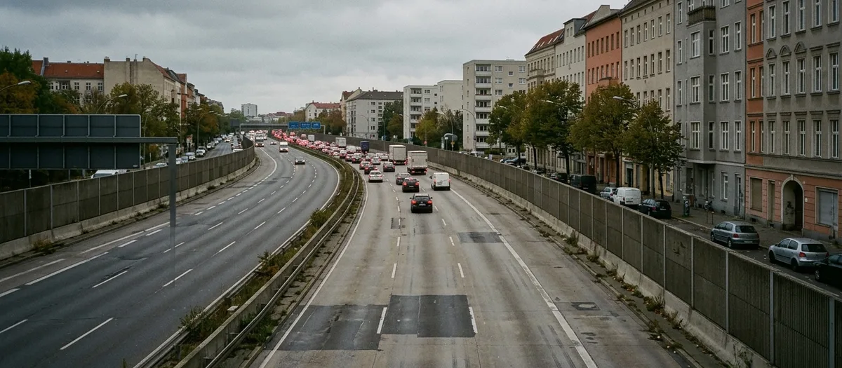 Stadtautobahn bei grauem Tageslicht, links begleitet eine Gründerzeitzeile die Fahrbahn