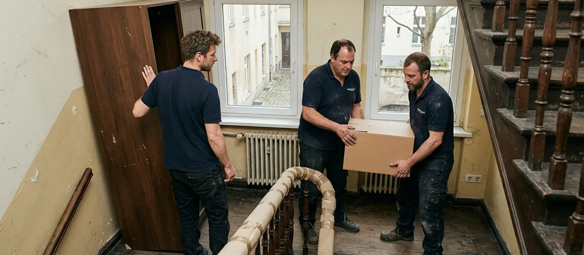 Drei Träger auf einem Altbau-Treppenabsatz, einer hält eine Schrankseite, zwei tragen einen Karton, das Geländer ist gepolstert