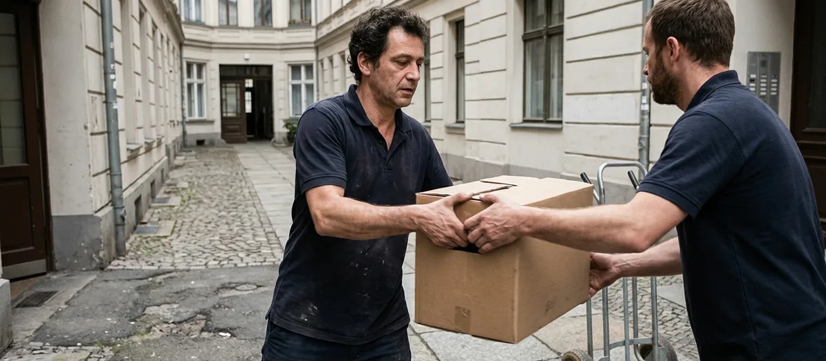 Zwei Träger reichen einen Karton von Hand zu Hand vor einem Hauseingang, daneben ein Rollwagen