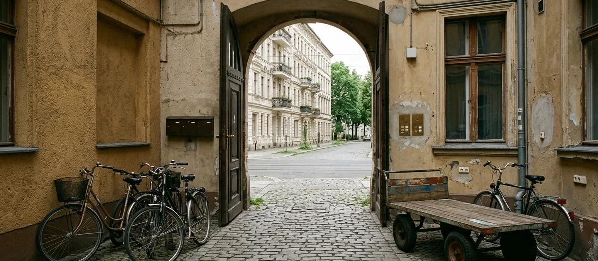 Durchfahrt eines Berliner Mietshauses zum Hof, davor abgestellte Fahrräder und ein leerer Rollwagen