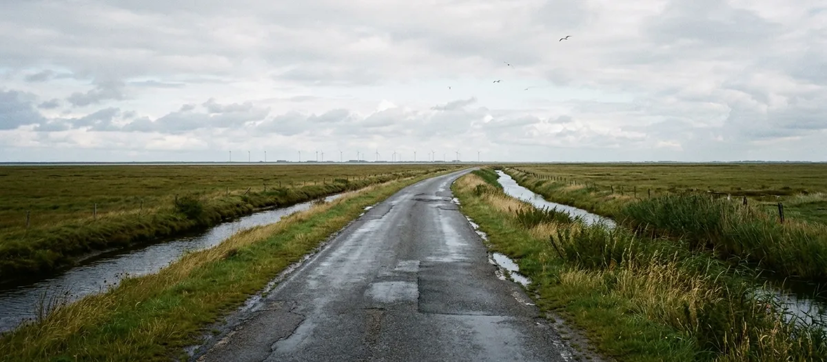 Schmale Straße durch flaches Küstengrünland mit Entwässerungsgraben, am Horizont Windräder