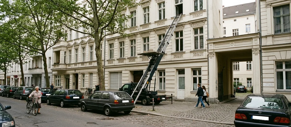 Möbellift an einer Berliner Gründerzeitfassade, die Leiter reicht bis in die oberen Geschosse