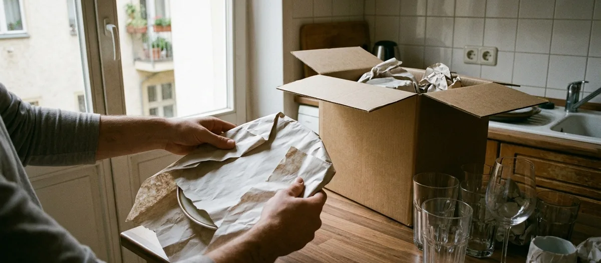 Hände wickeln einen Teller in Packpapier, daneben ein offener Karton und Gläser auf der Arbeitsplatte
