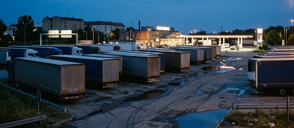 Lkw-Stellplatz in der Abenddämmerung mit Reihen abgestellter Anhänger und Pfützen auf dem Asphalt