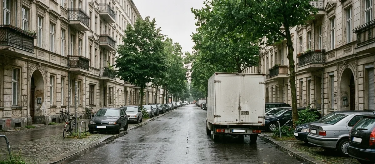 Leere Berliner Wohnstraße bei Regen, am Fahrbahnrand steht ein weißer Möbelkoffer mit geschlossenen Hecktüren