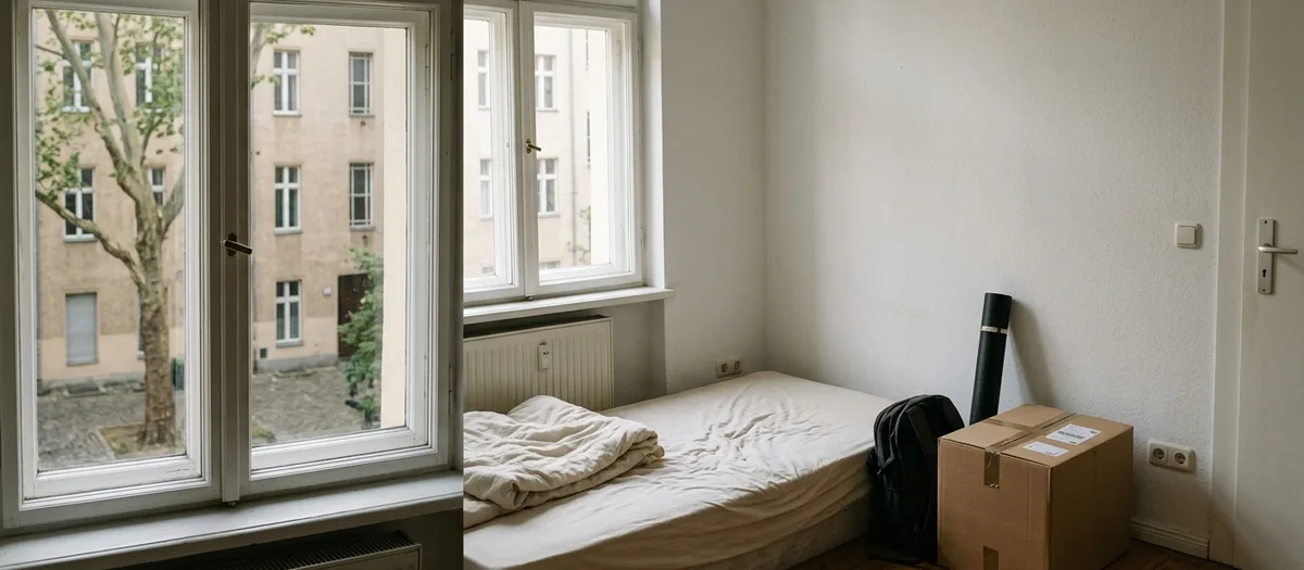 Kleines Zimmer mit nackter Matratze, einem Karton, einer Posterrolle und einem Rucksack