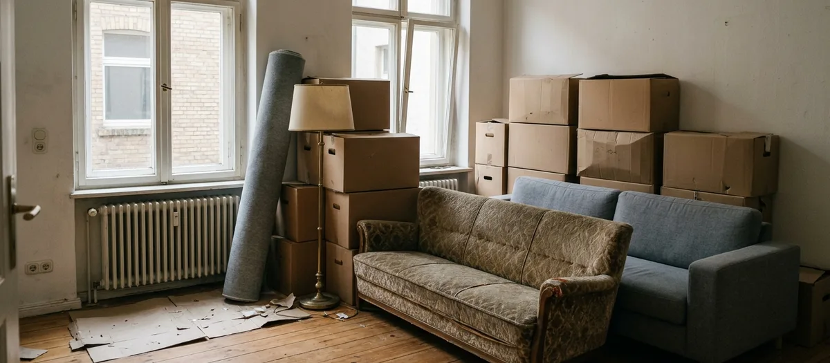 Vollgestelltes Wohnzimmer beim Zusammenziehen mit zwei verschiedenen Sofas, Kartonstapeln und einem aufgerollten Teppich