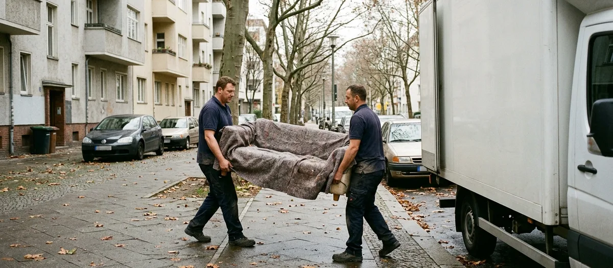 Zwei Träger schieben eine in Decken geschlagene Kommode über die Ladebordwand in den Möbelwagen